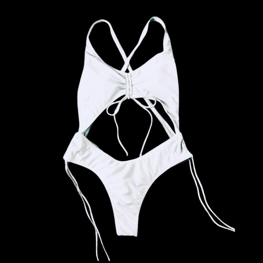 Women 1 Piece Summer Hollow Sexy Bikini with Long Tassel Drawstring Colo…